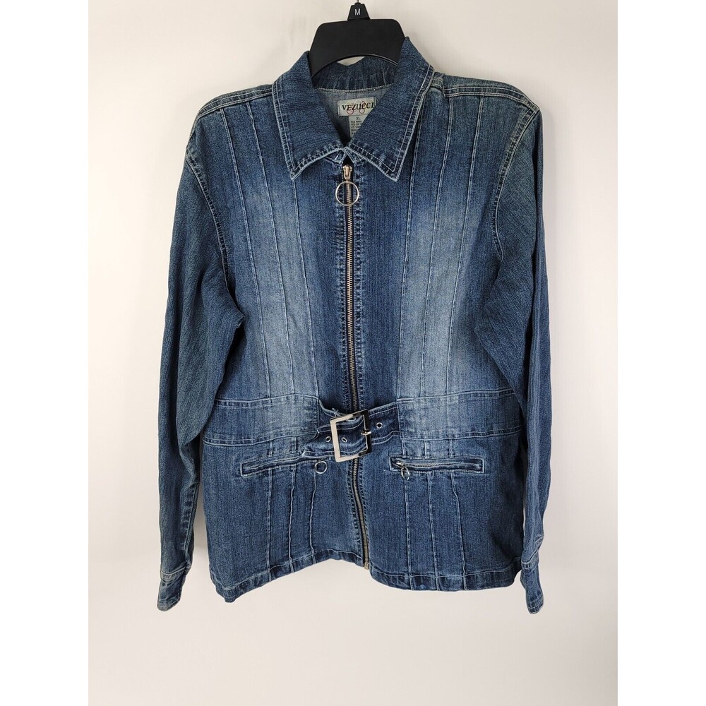 Vezucci Jean Jacket Womens XL Full Zip Buckle Collared Blue Coat